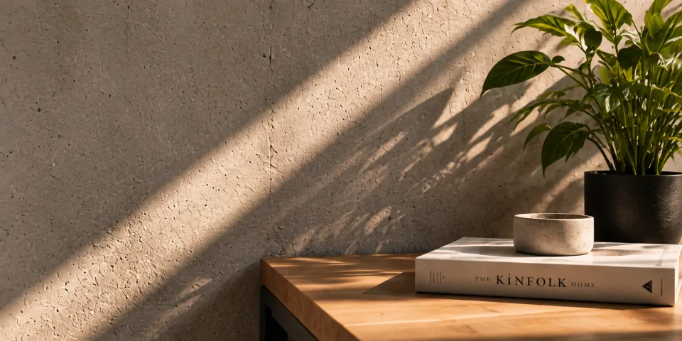 A timber bench against a concrete wall, styled with a plant and books