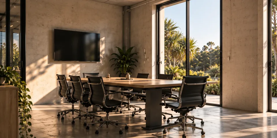 A meeting room with a concrete wall and glass doors open to greenery