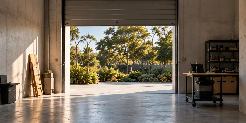 An open roller door onto landscaped grounds, workbench inside