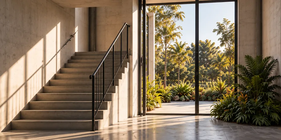 A concrete stair beside a glass door to the garden