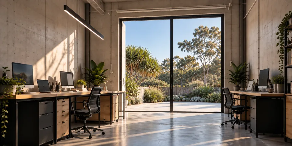 An open workstation with desks either side of a glass sliding door to greenery
