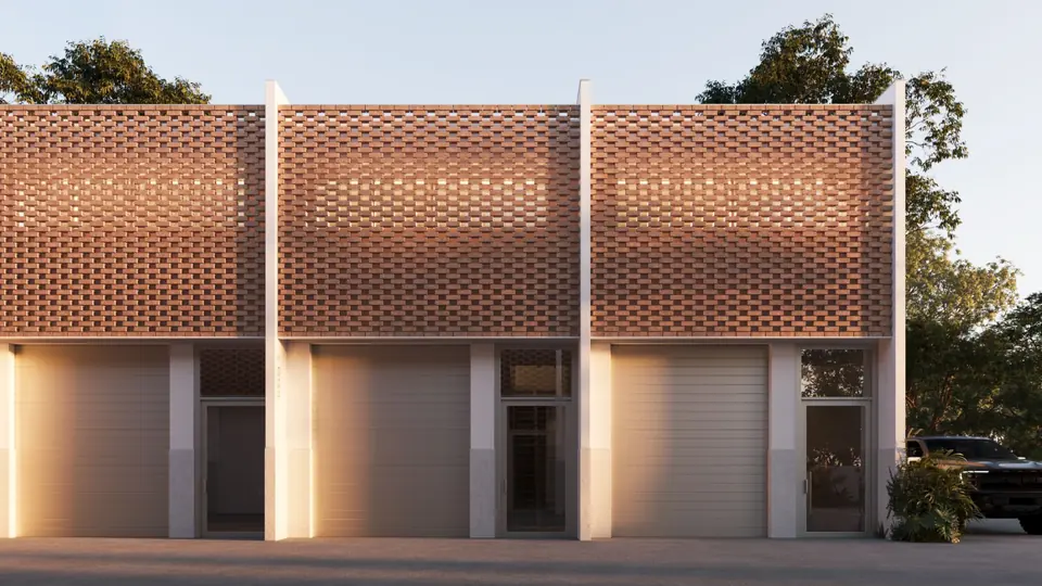Streetscape render of the estate's concrete facade