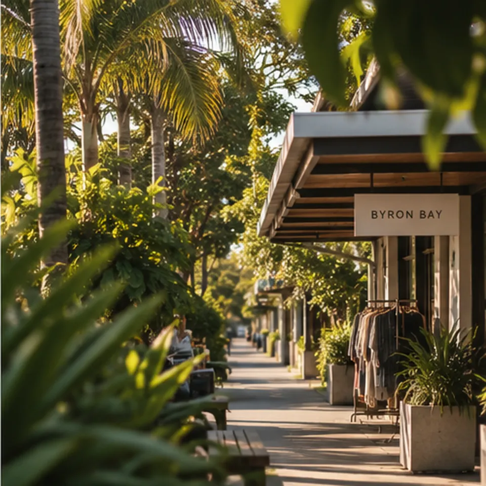 A palm-lined footpath past Byron Bay shopfronts